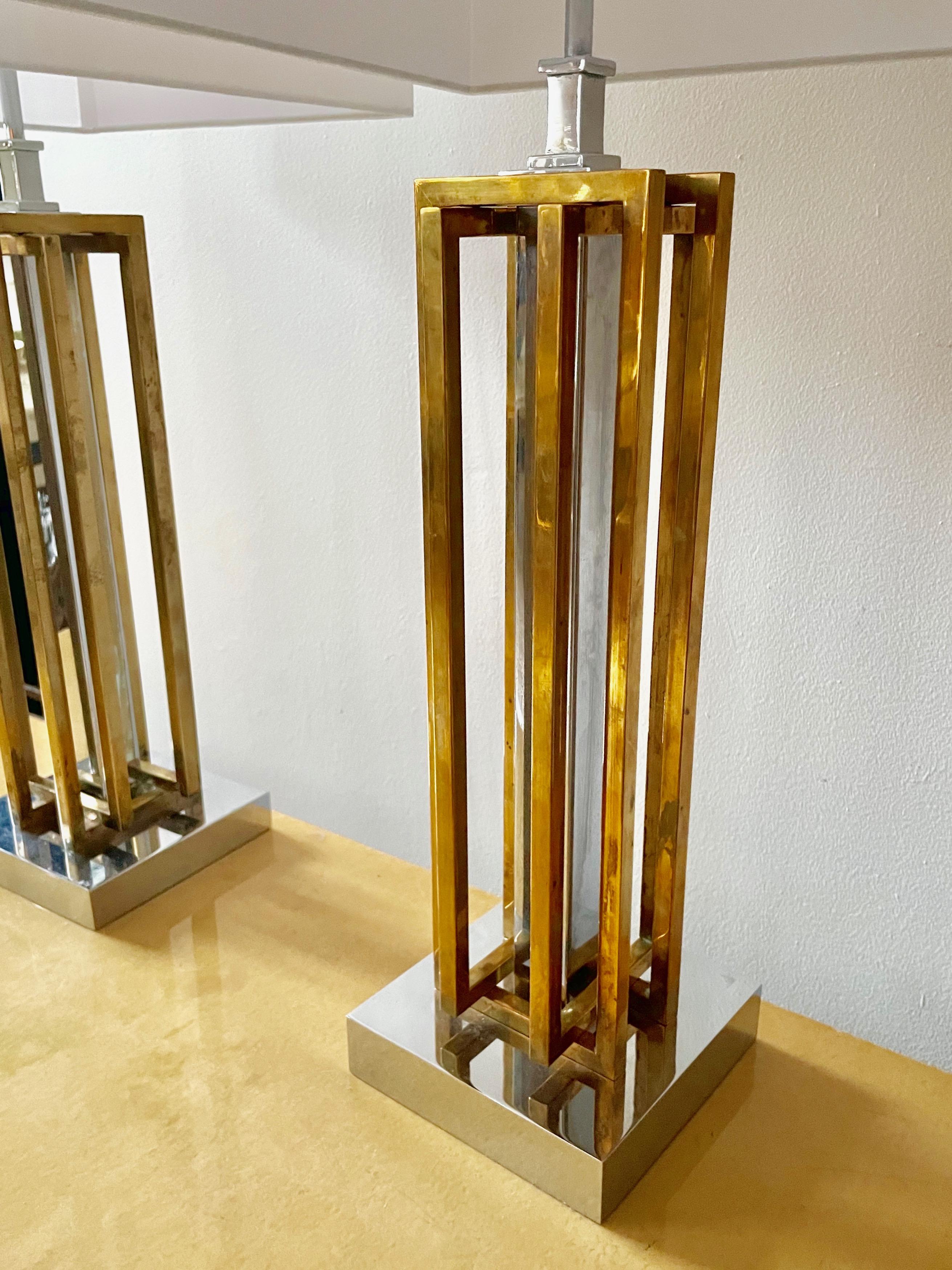 Pair of Geometric Brass and Chrome Table Lamps by Willy Rizzo, France, 1970 For Sale 2