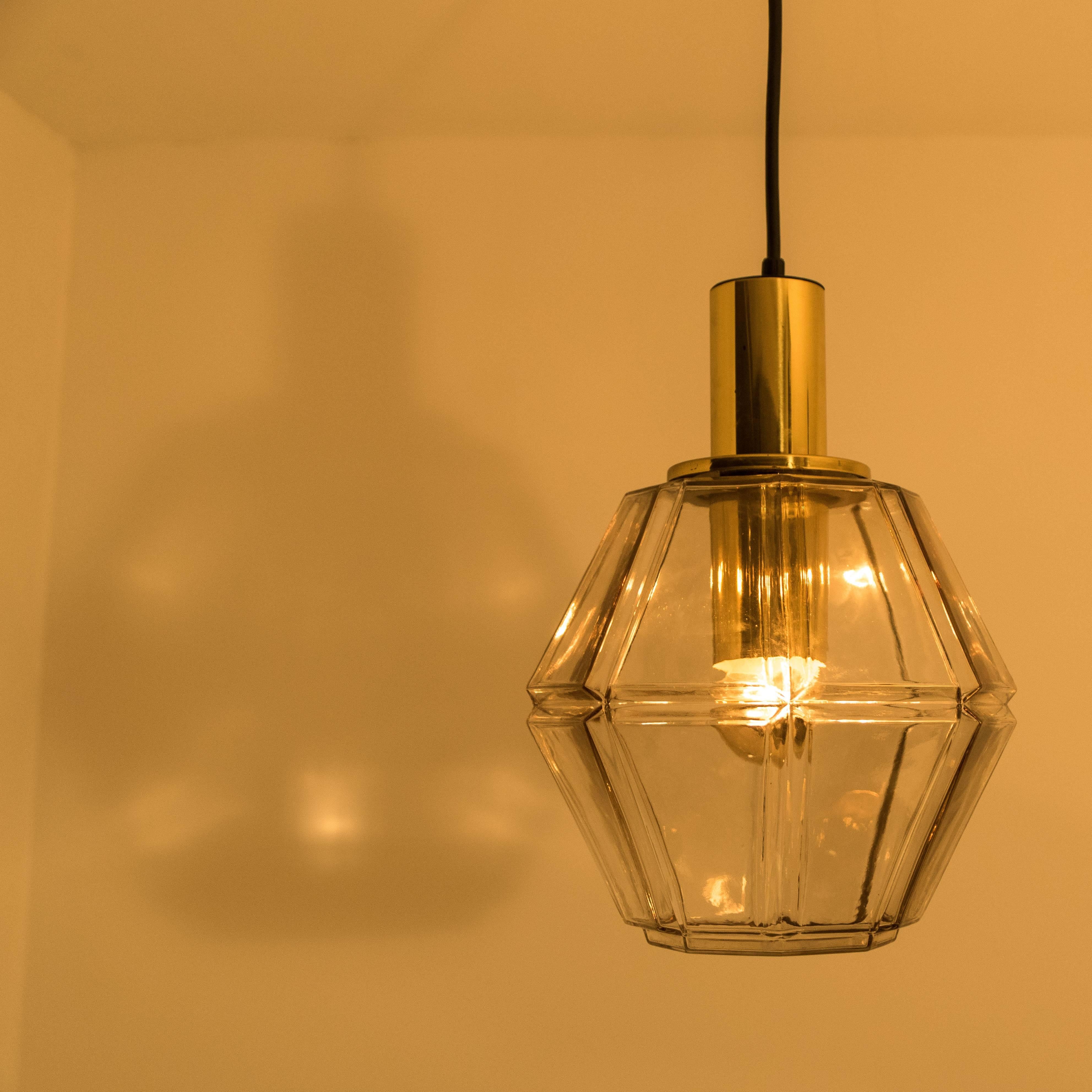 German Pair of Geometric Brass and Clear Glass Pendant Lights by Limburg, 1970s