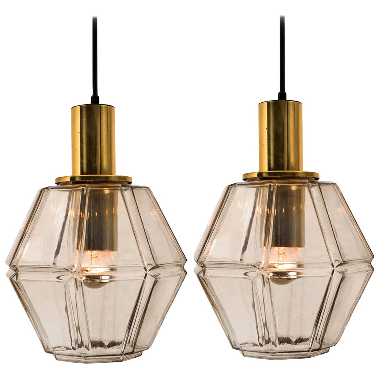 Pair of Geometric Brass and Clear Glass Pendant Lights by Limburg, 1970s