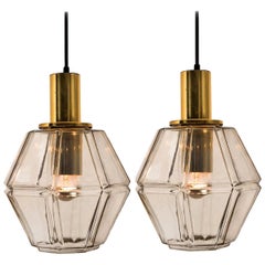 Pair of Geometric Brass and Clear Glass Pendant Lights by Limburg, 1970s