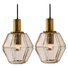 Pair of Geometric Brass and Clear Glass Pendant Lights by Limburg, 1970s