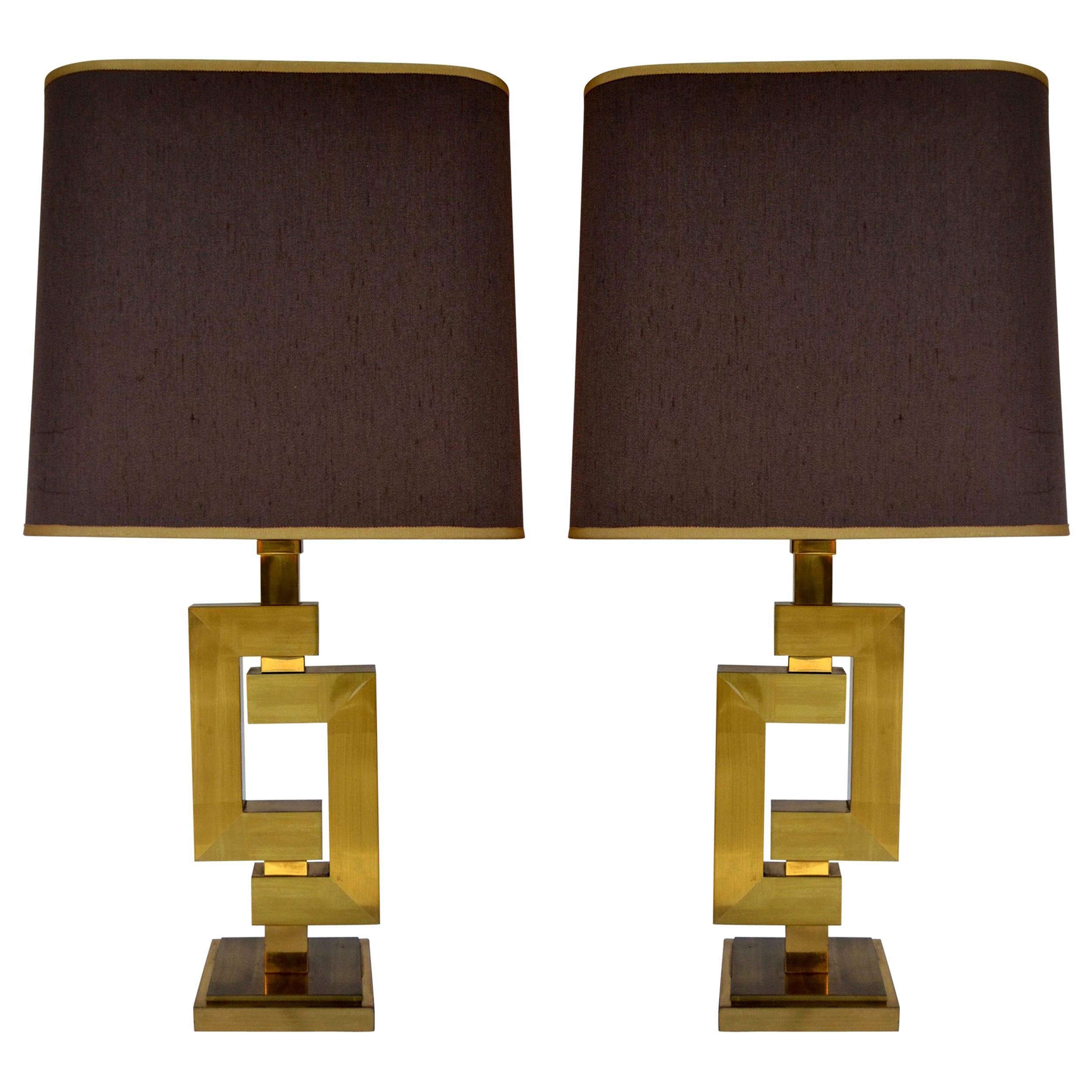 Pair of Geometric Brass Table Lamps by Philippe Jean