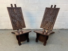 Pair of Geometric Carved Low Slung Tribal Palaver Chief Chairs