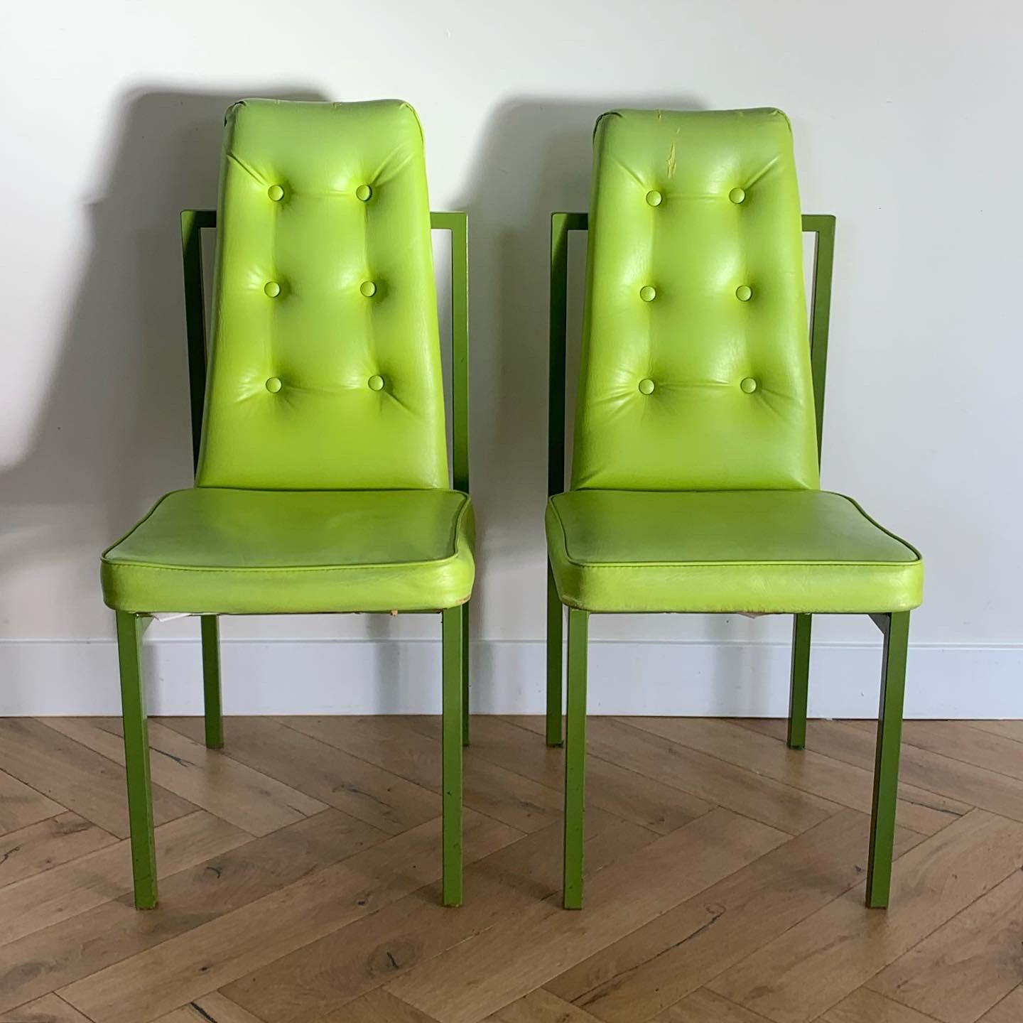 Metal Pair of Geometric Chartreuse Cal-Style Accent Chairs, circa 1970s