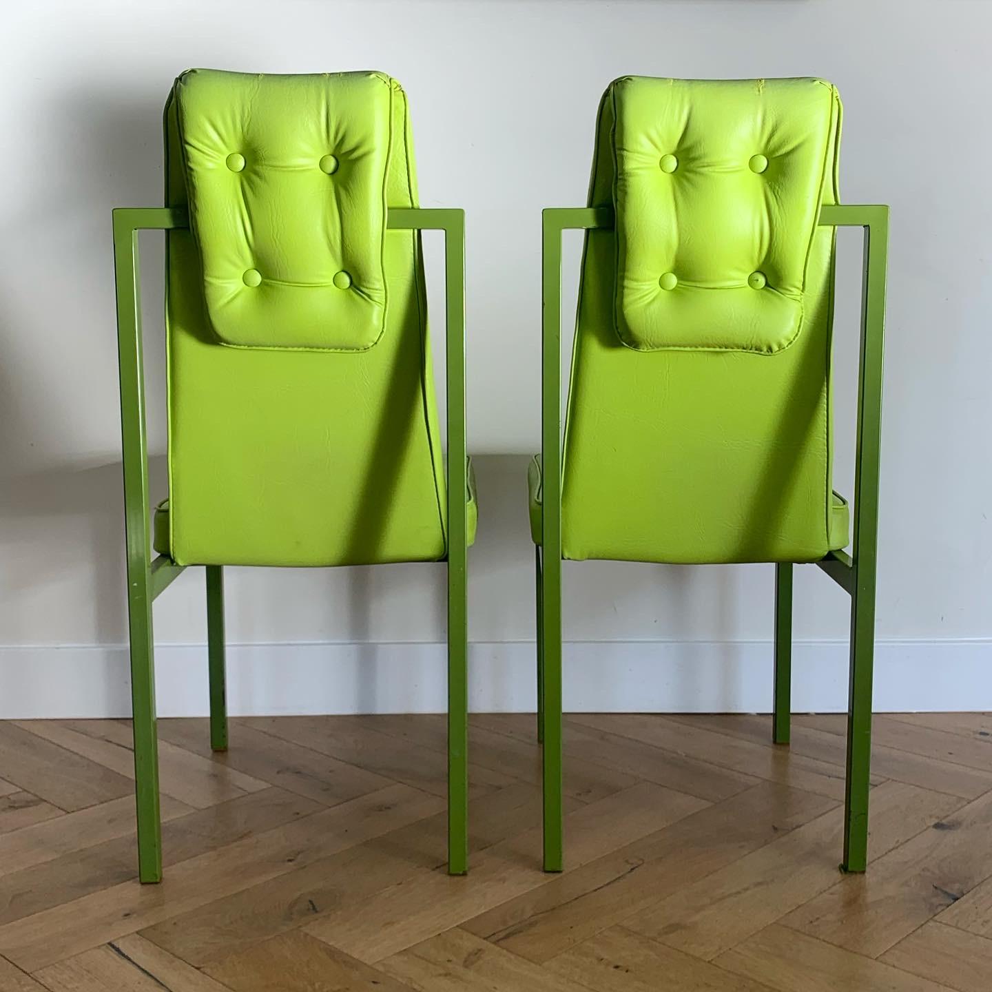 Pair of Geometric Chartreuse Cal-Style Accent Chairs, circa 1970s 2
