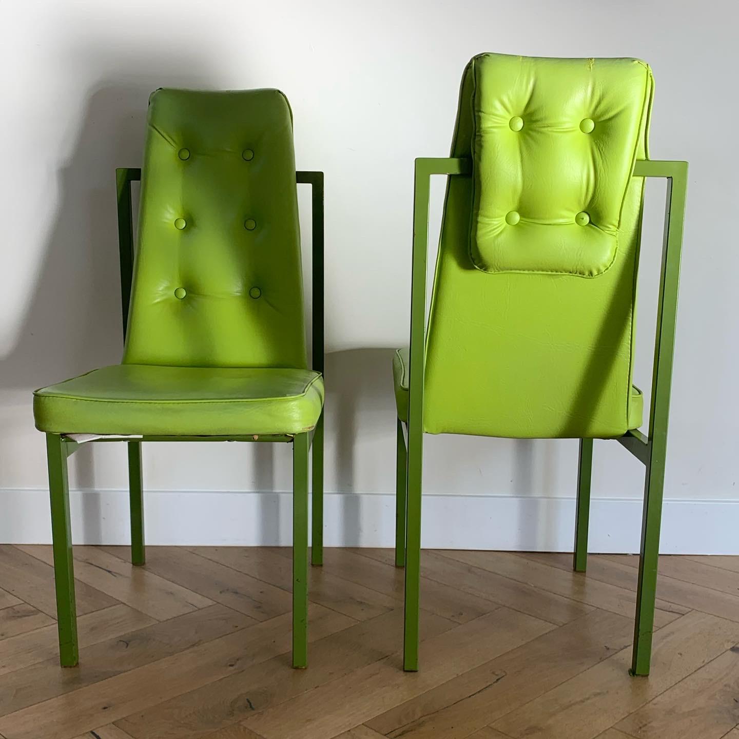 Powder-Coated Pair of Geometric Chartreuse Cal-Style Accent Chairs, circa 1970s