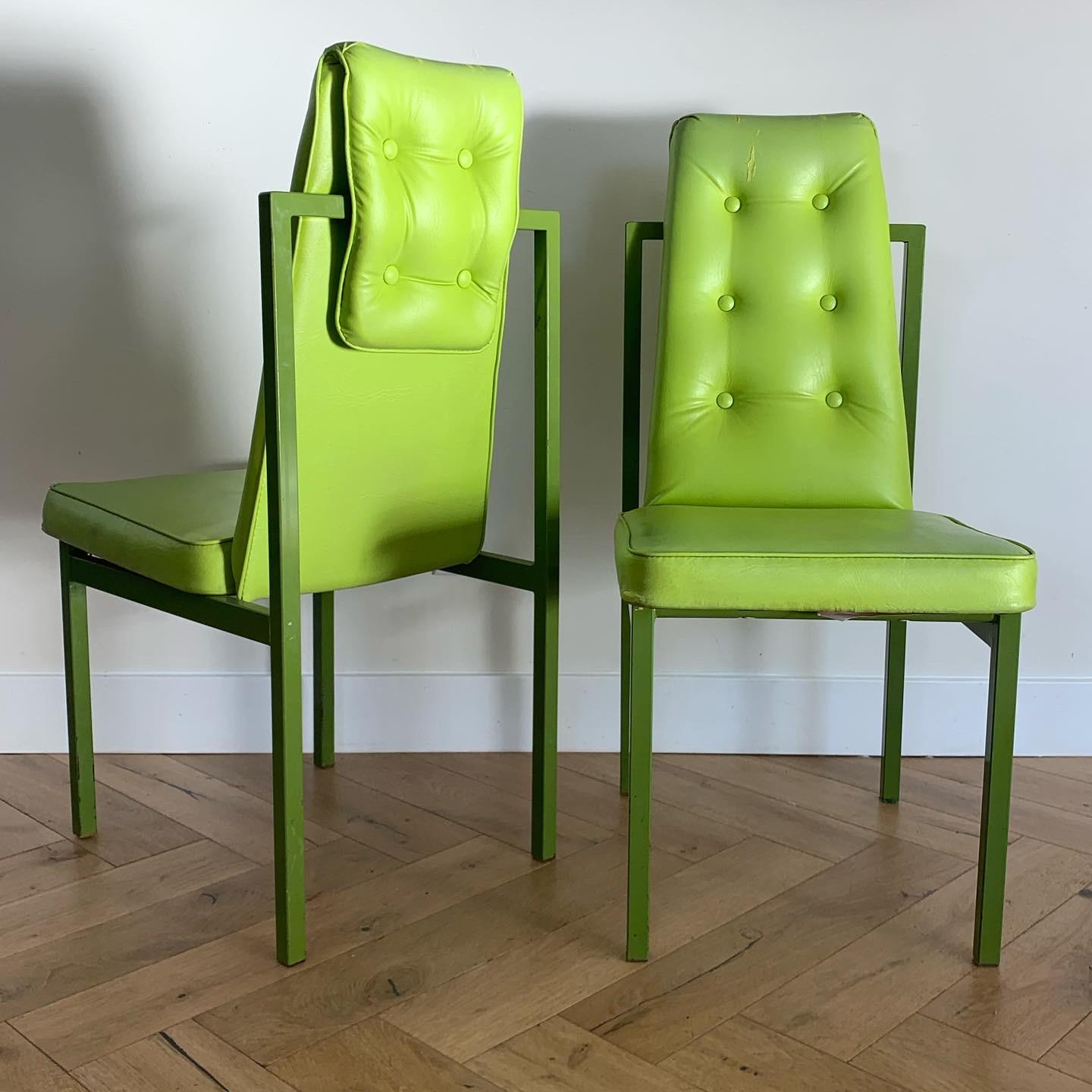 Late 20th Century Pair of Geometric Chartreuse Cal-Style Accent Chairs, circa 1970s