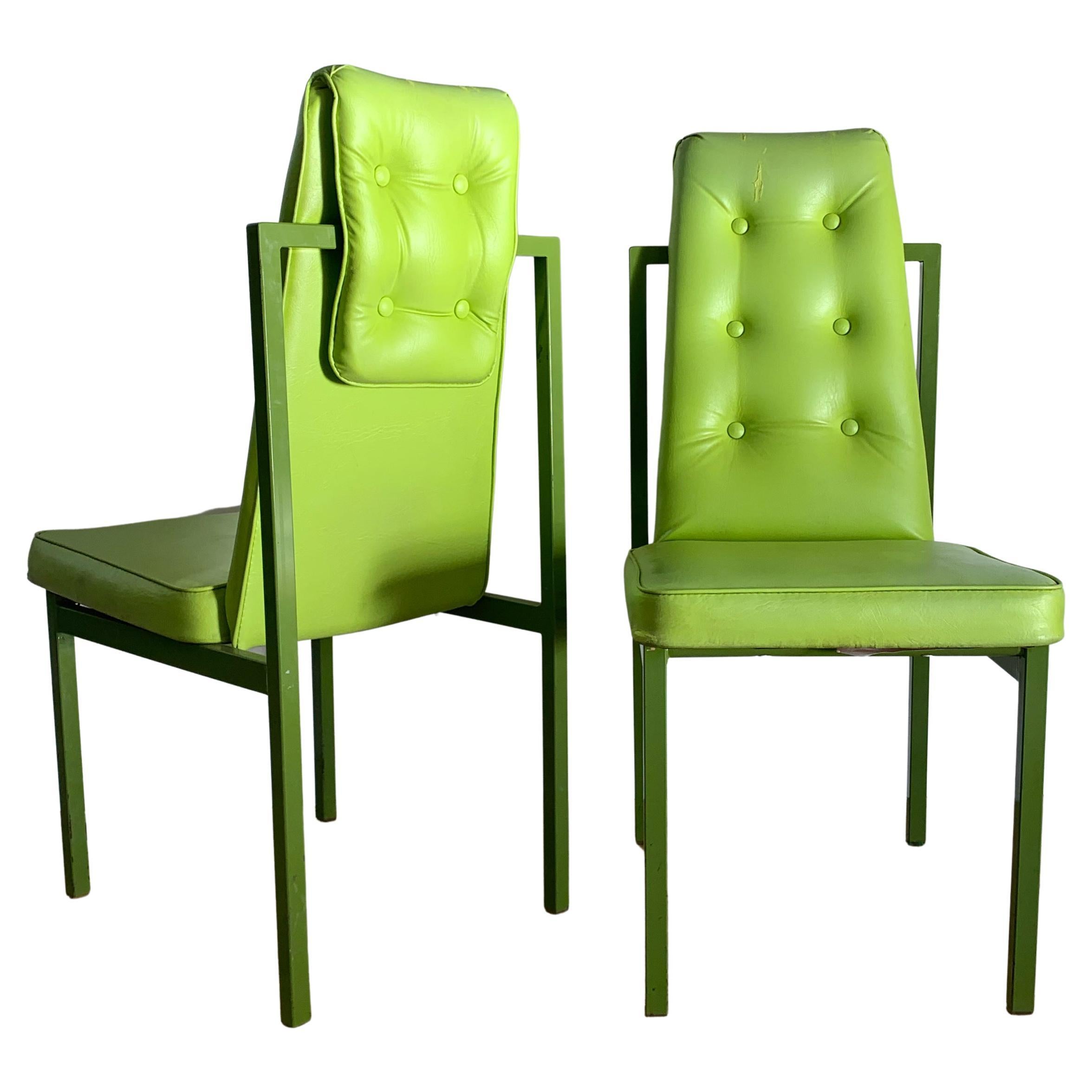 Pair of Geometric Chartreuse Cal-Style Accent Chairs, circa 1970s