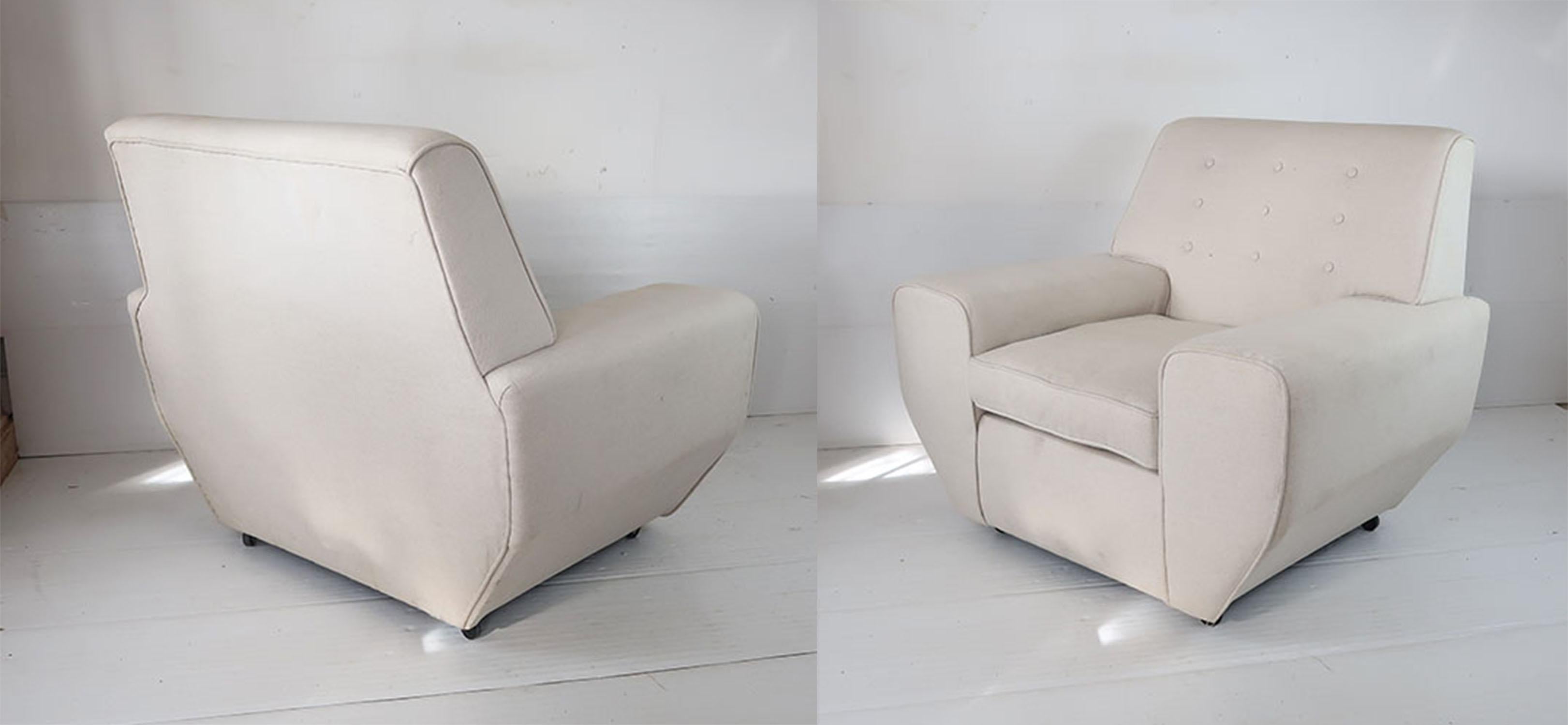 Hand-Crafted Pair of Geometric Cream Linen Upholstered Midcentury Lounge Chairs