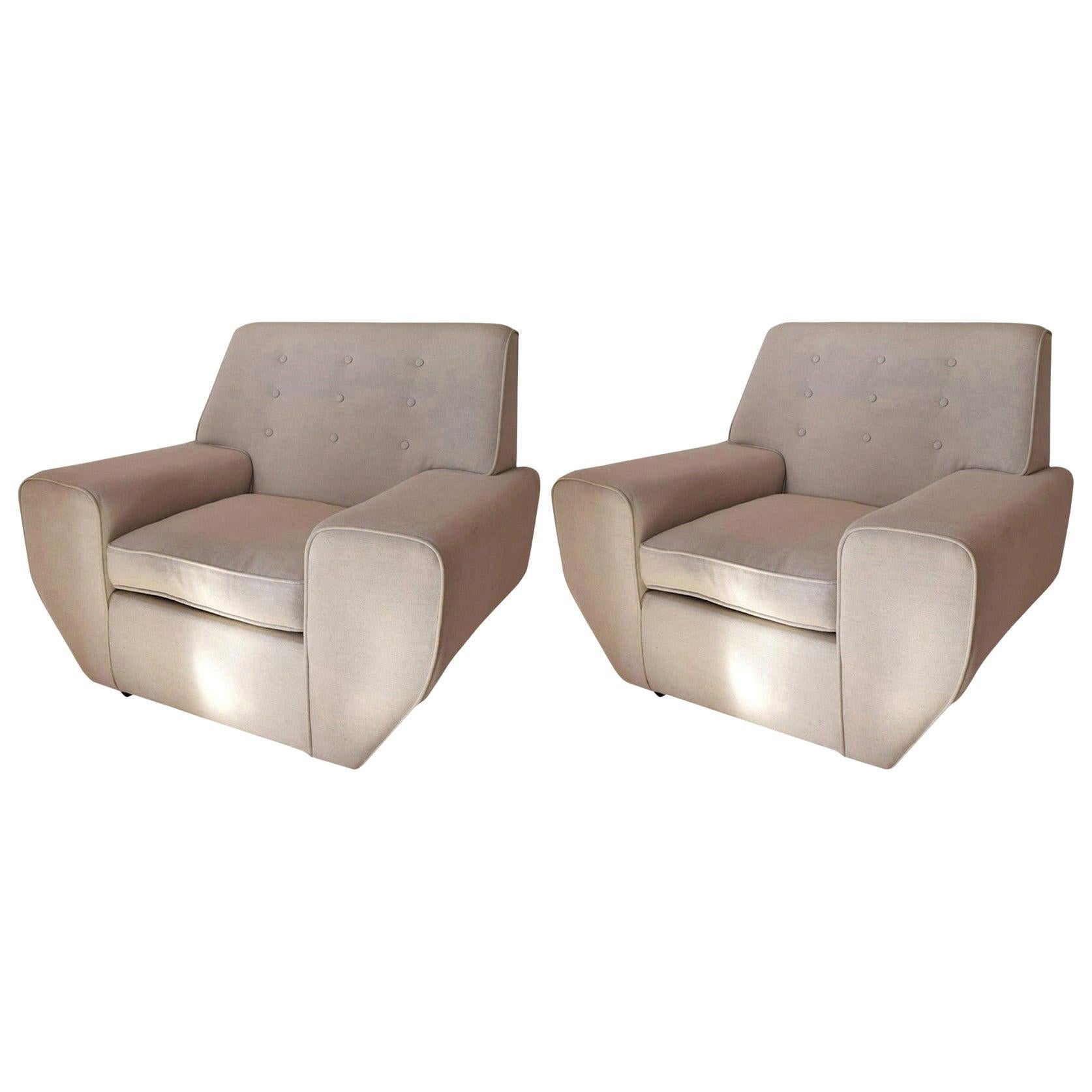 Pair of Geometric Cream Linen Upholstered Midcentury Lounge Chairs For Sale