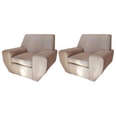 Pair of Geometric Cream Linen Upholstered Midcentury Lounge Chairs