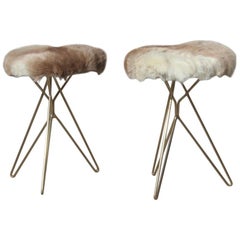 Pair of Geometric Design Brass Stools Reindeer Fur Seat Italian Midcentury