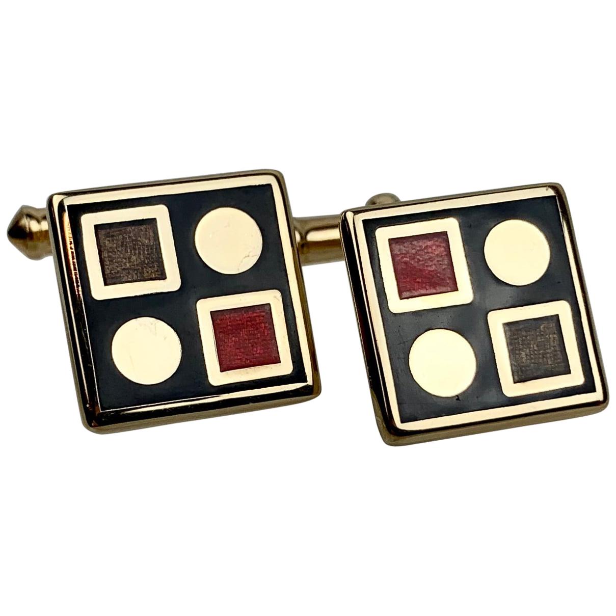 Vintage Geometric Design Cufflinks with Engine Turning and Red/Black Enamel