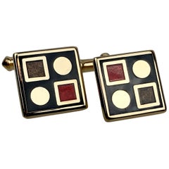 Vintage Geometric Design Cufflinks with Engine Turning and Red/Black Enamel