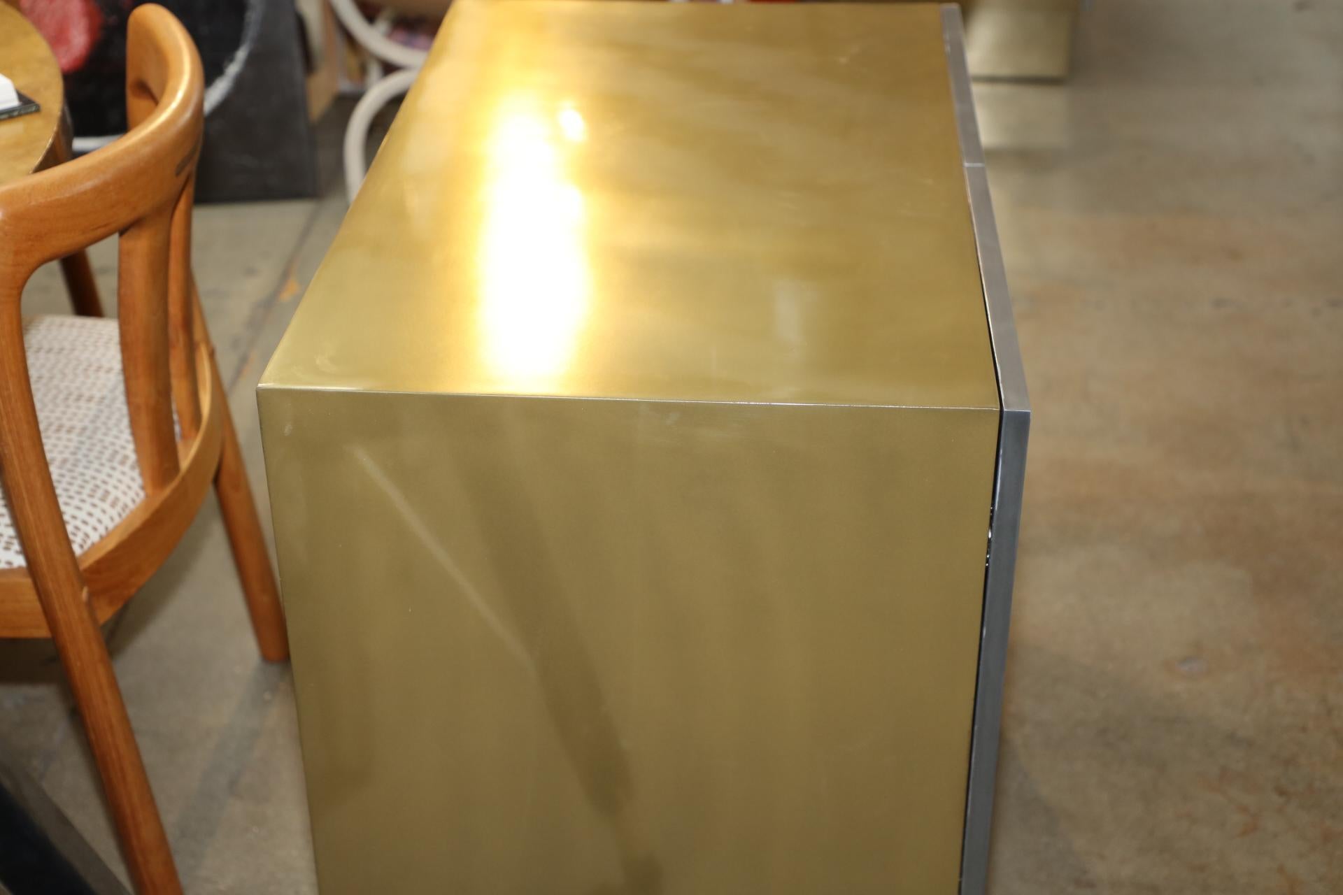 Pair of Geometric Handled Stainless and Brass Nightstands 5