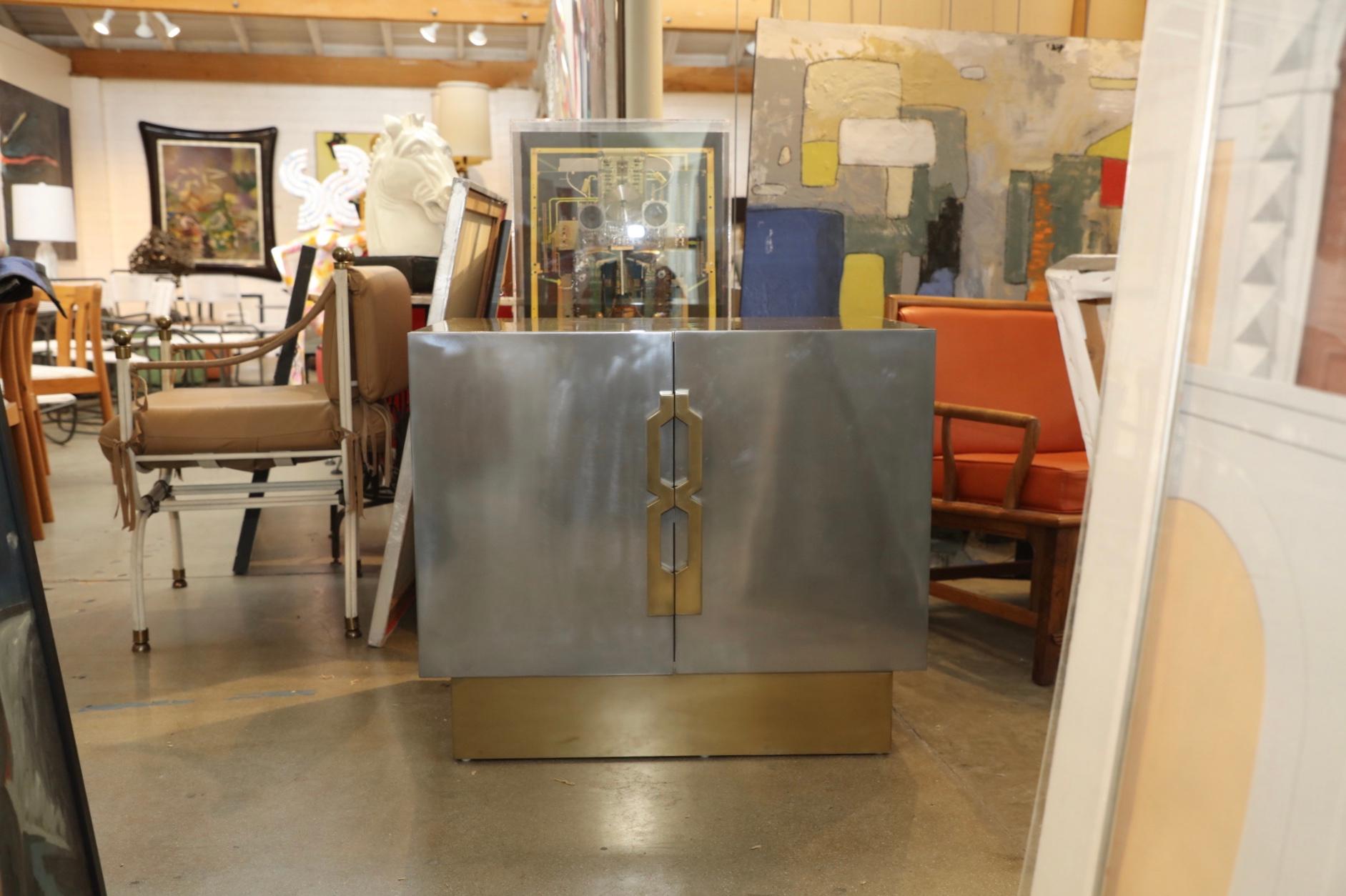 Pair of Geometric Handled Stainless and Brass Nightstands 10