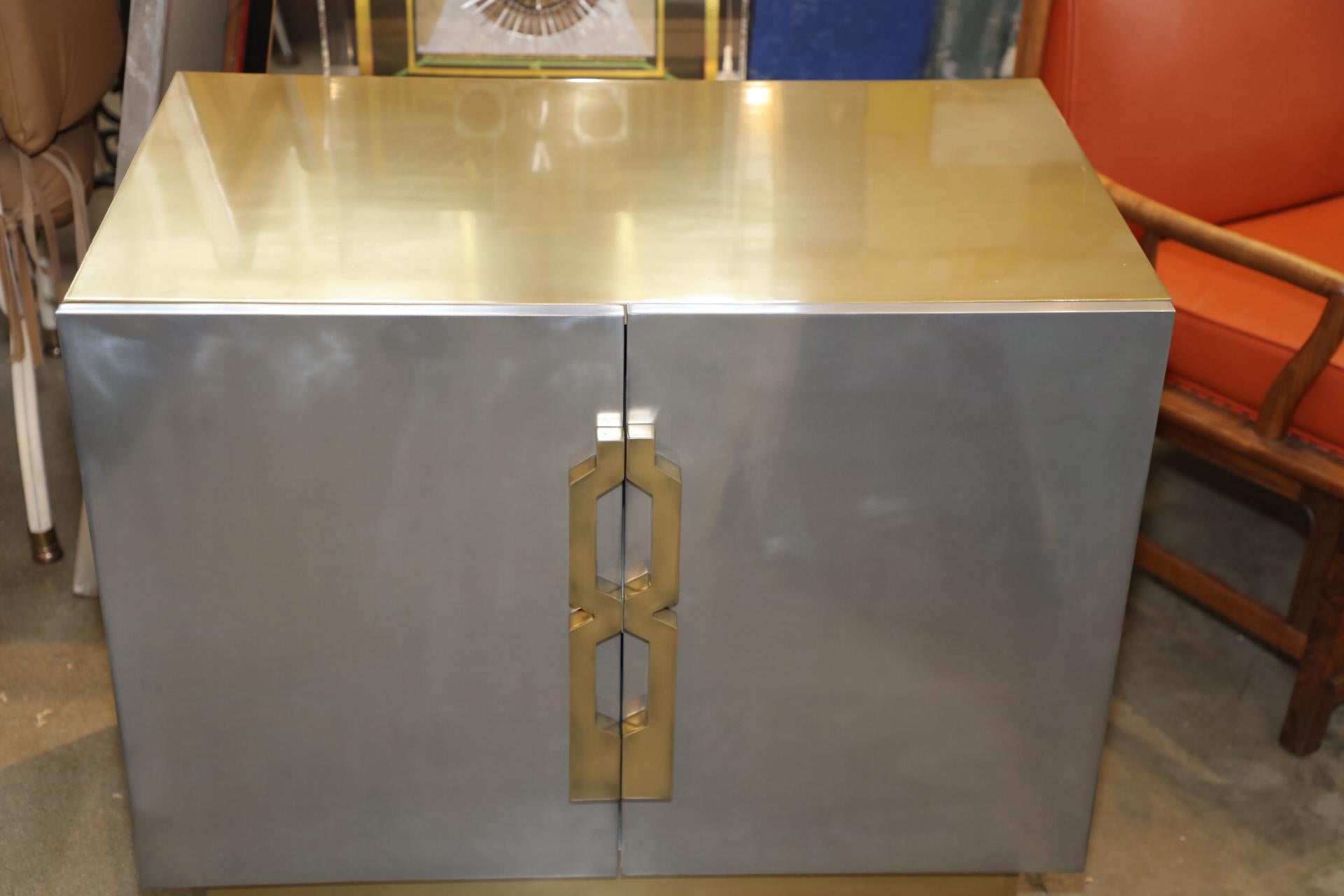 Pair of Geometric Handled Stainless and Brass Nightstands 1