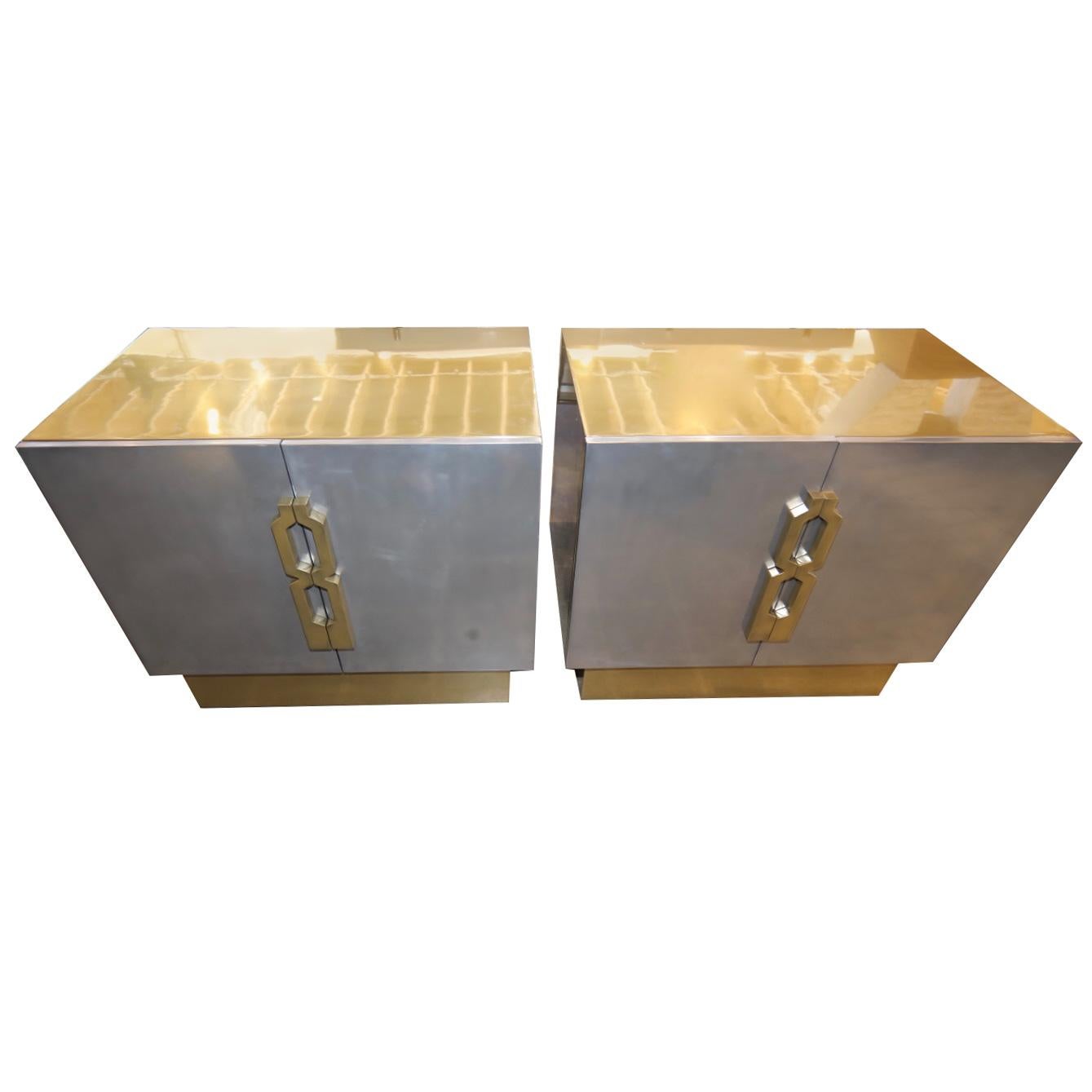 Pair of Geometric Handled Stainless and Brass Nightstands