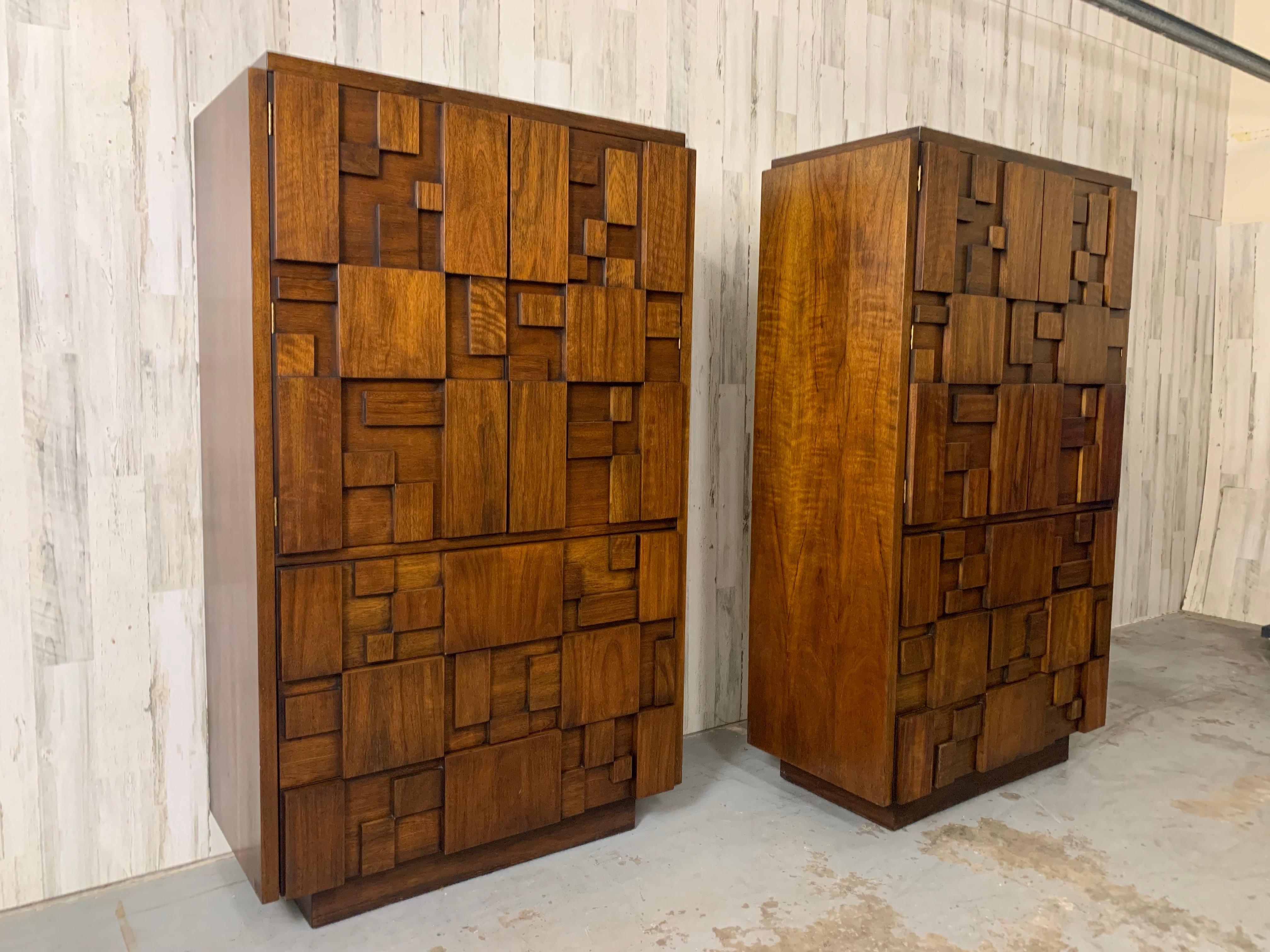 Brutalist Pair of Geometric Highboy Dressers