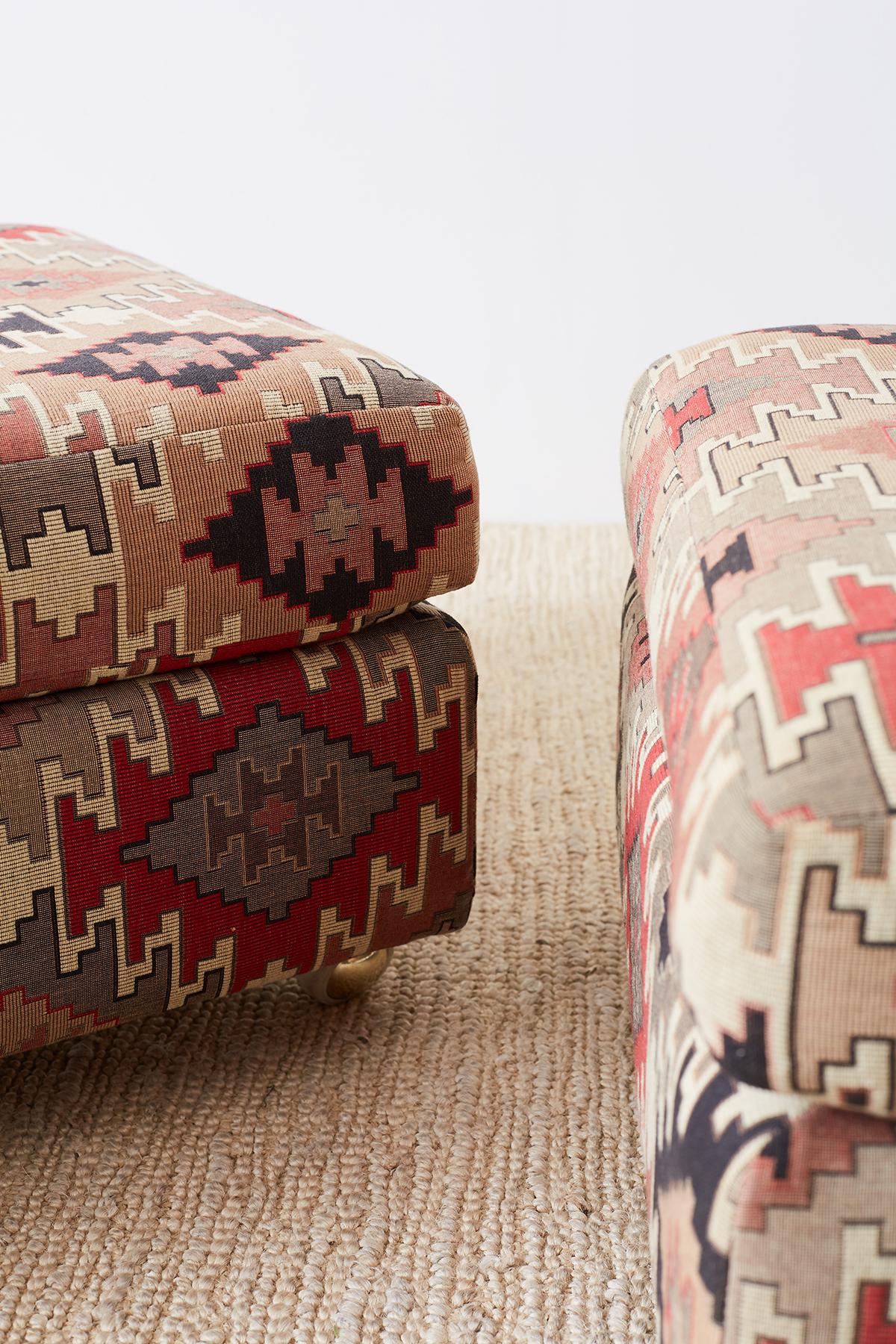 Pair of Geometric Kilim Style Upholstered Ottomans 3