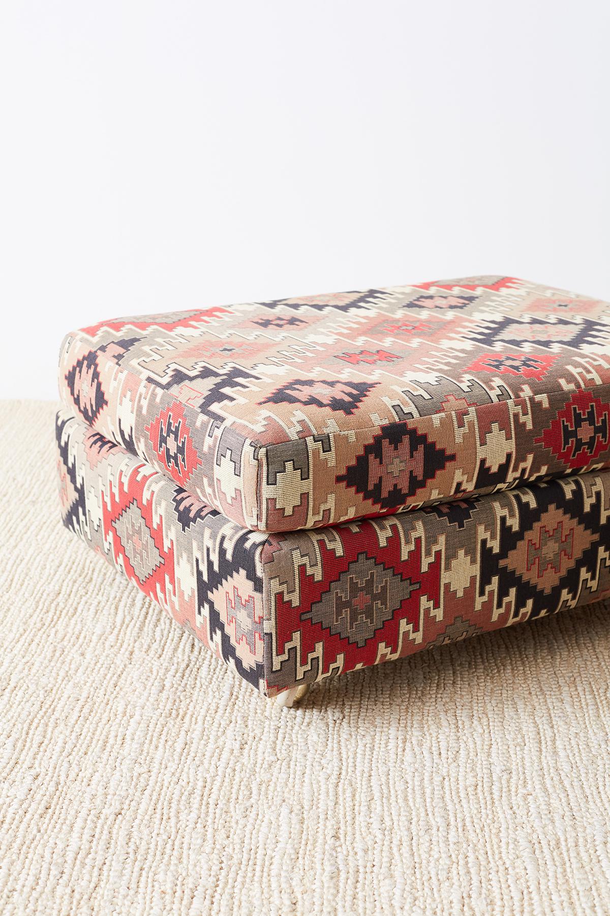 Pair of Geometric Kilim Style Upholstered Ottomans 7