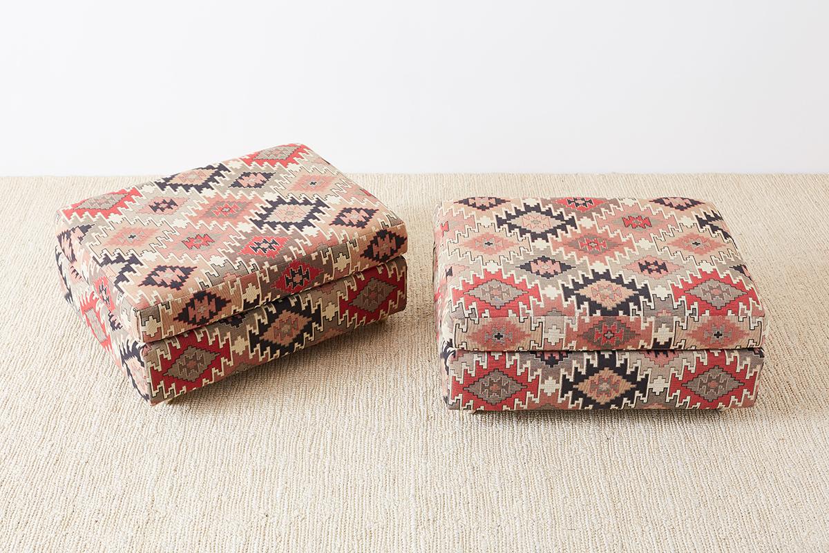 Pair of Geometric Kilim Style Upholstered Ottomans 10