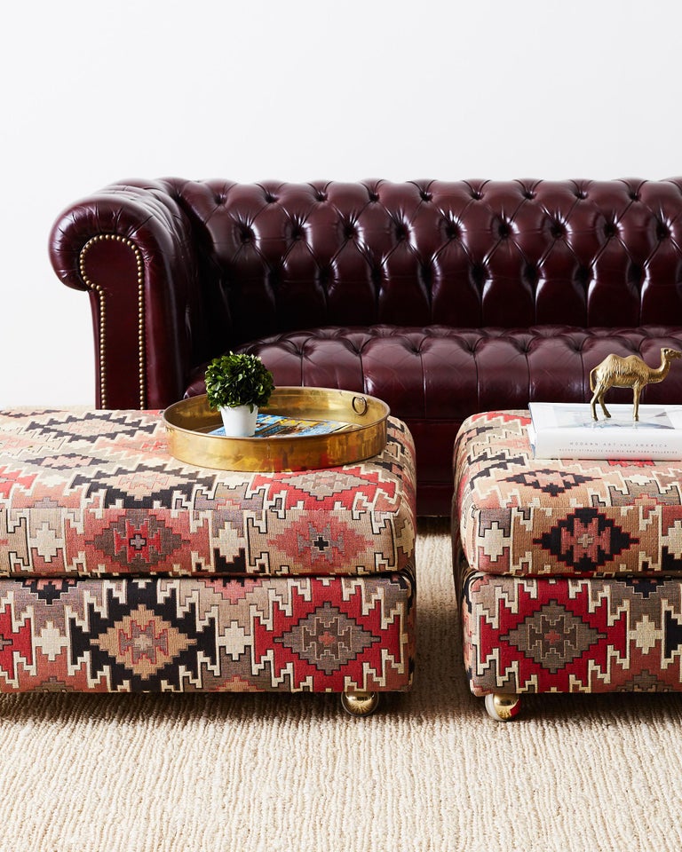 Pair of Geometric Kilim Style Upholstered Ottomans at 1stDibs