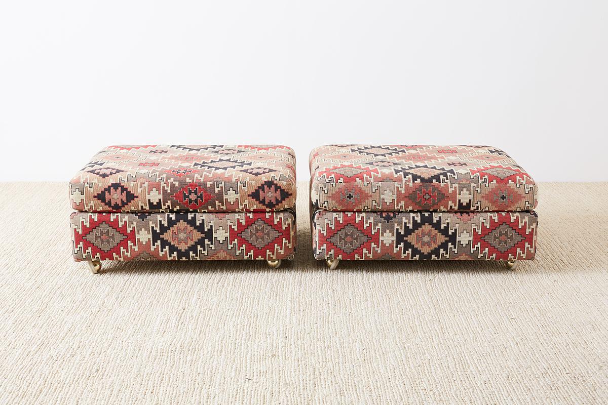 Tribal Pair of Geometric Kilim Style Upholstered Ottomans