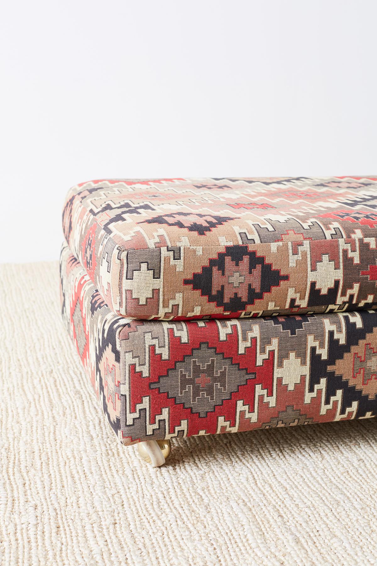Gilt Pair of Geometric Kilim Style Upholstered Ottomans