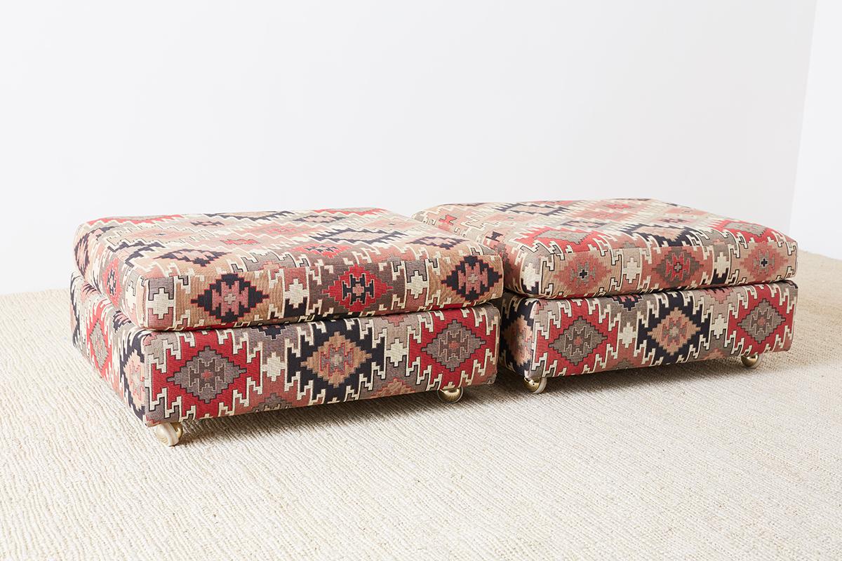 Pair of Geometric Kilim Style Upholstered Ottomans In Good Condition In Rio Vista, CA