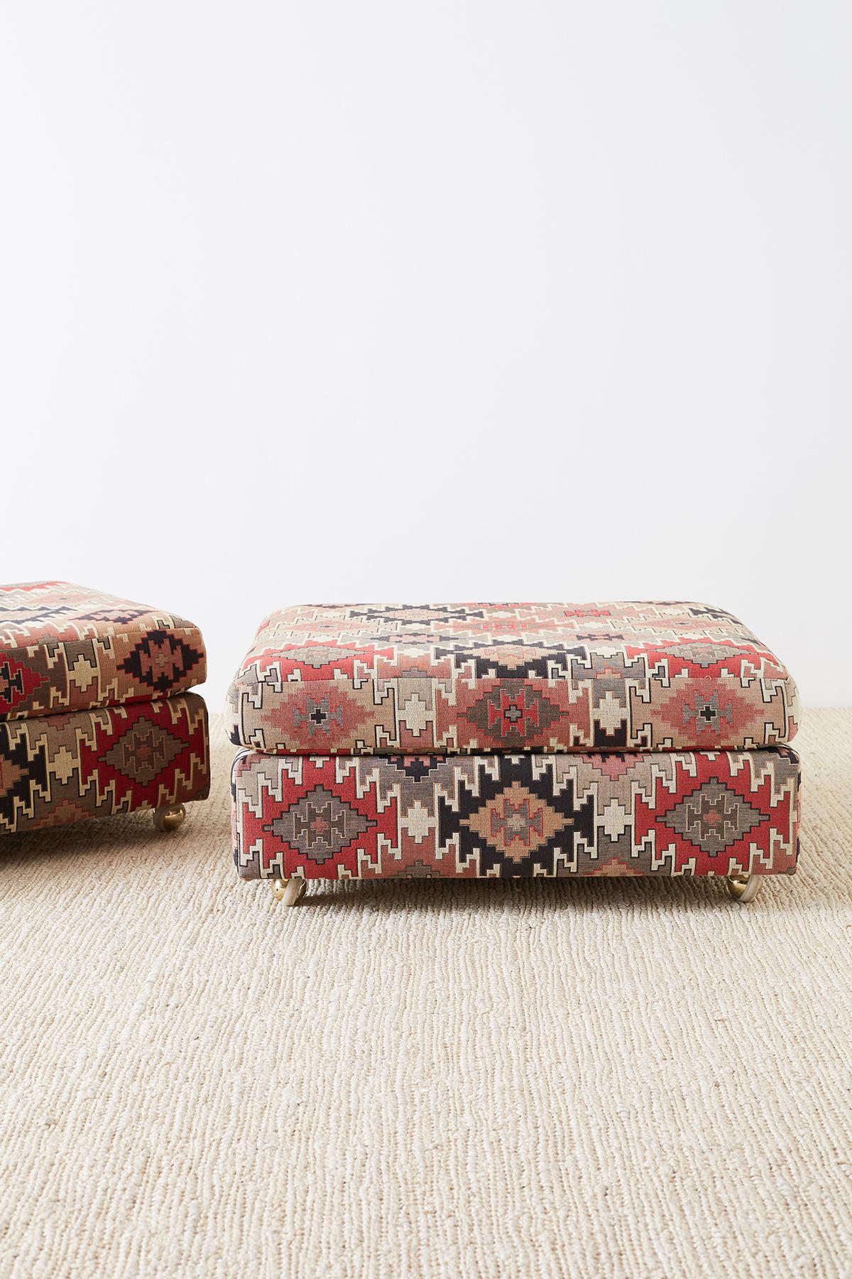 Fabric Pair of Geometric Kilim Style Upholstered Ottomans