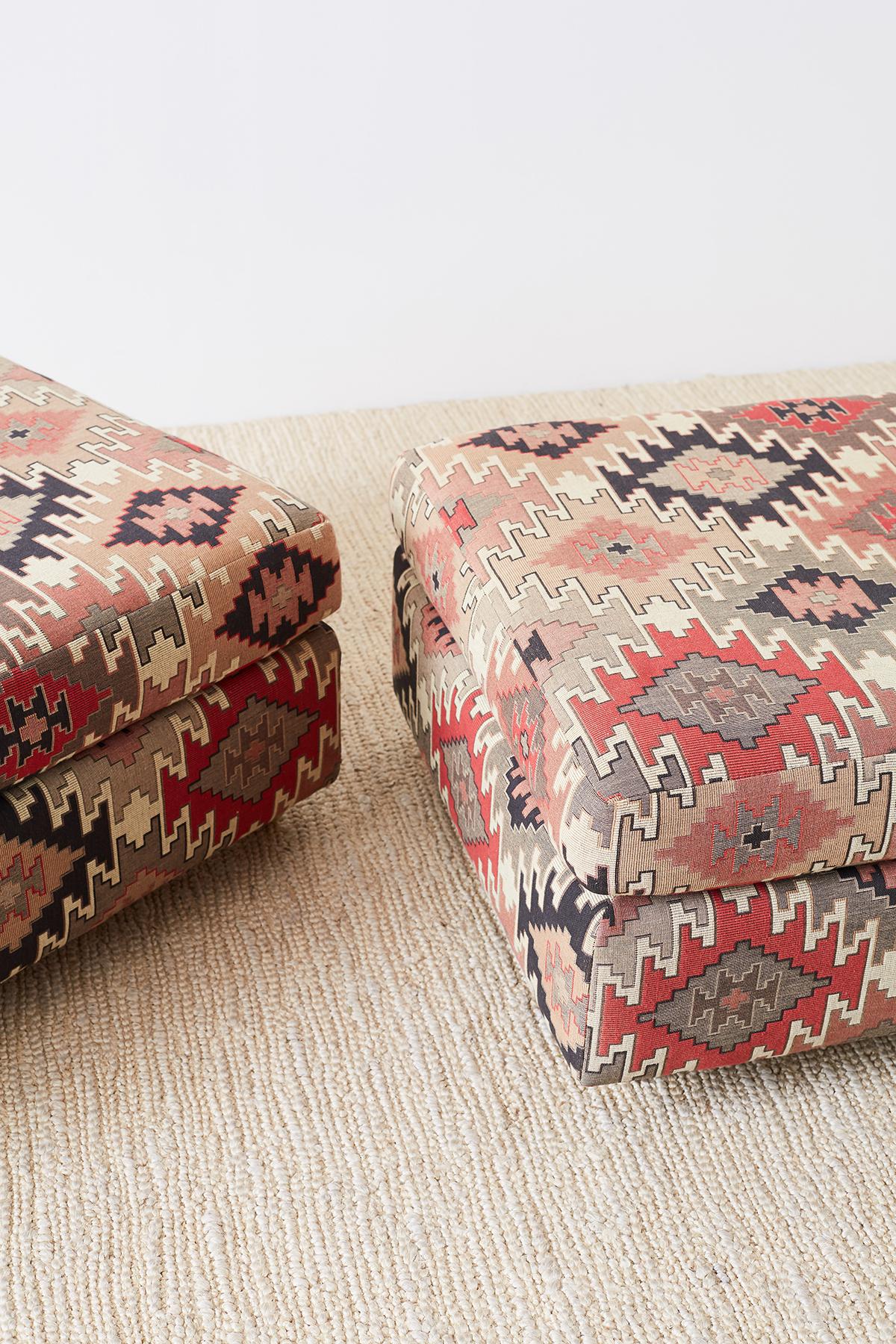Pair of Geometric Kilim Style Upholstered Ottomans 1