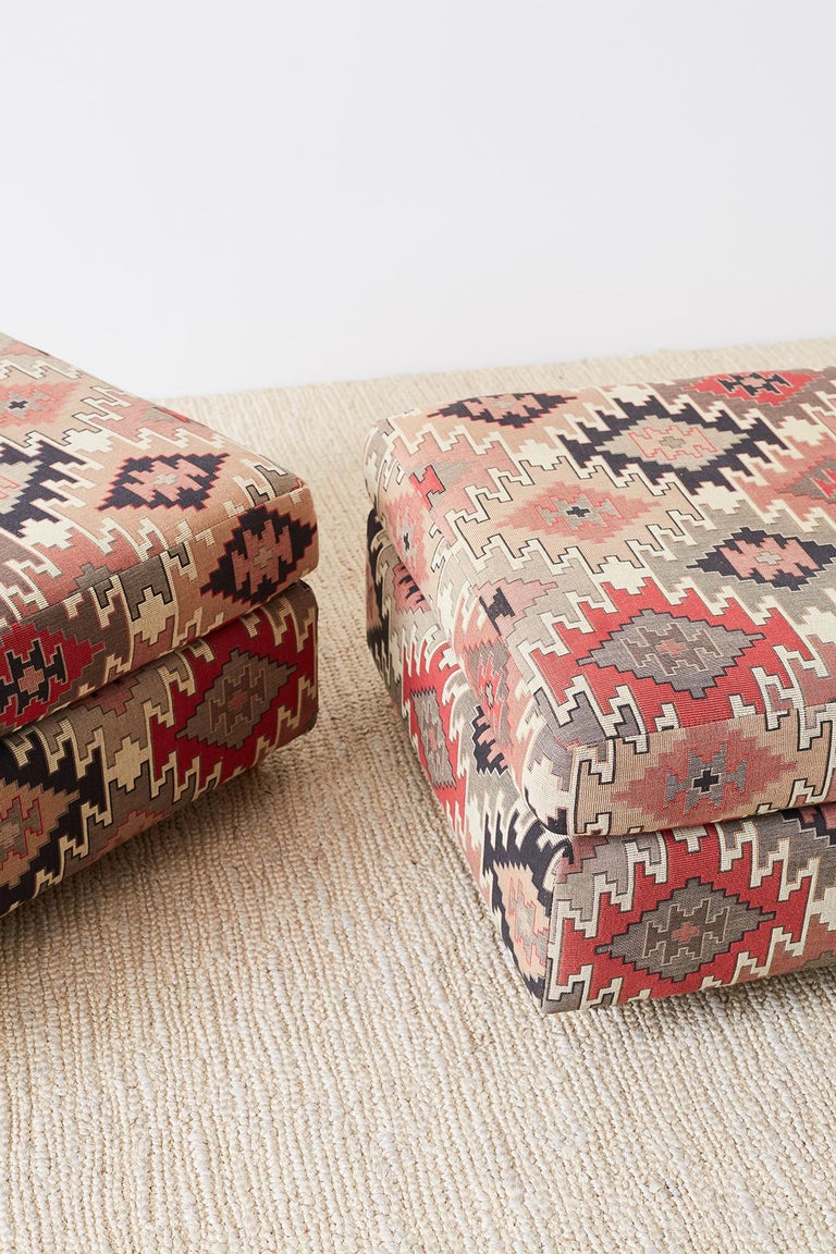 Pair of Geometric Kilim Style Upholstered Ottomans at 1stDibs