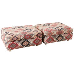 Pair of Geometric Kilim Style Upholstered Ottomans