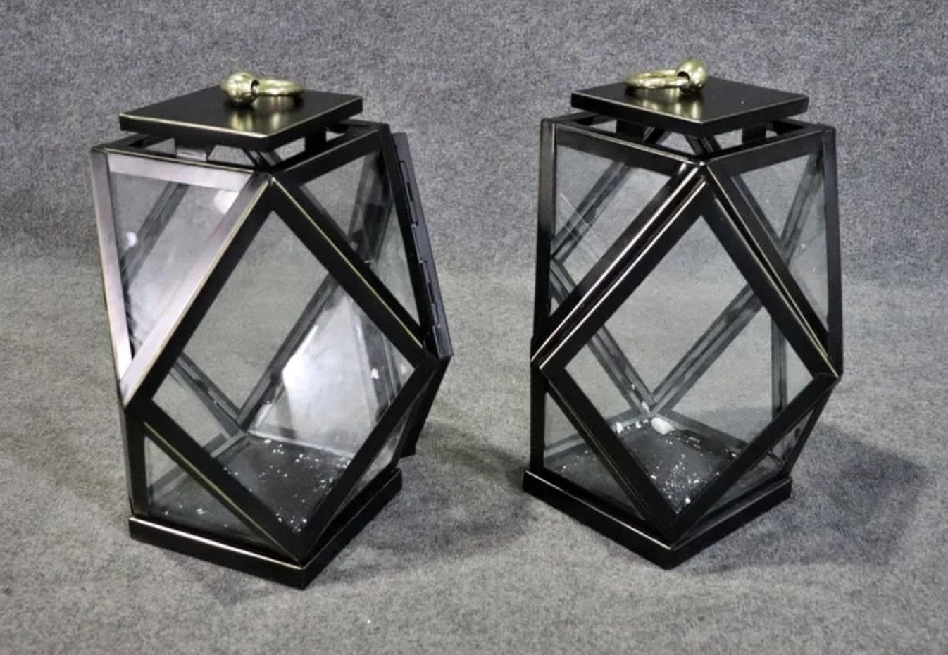 Metal Pair of Geometric Lanterns For Sale