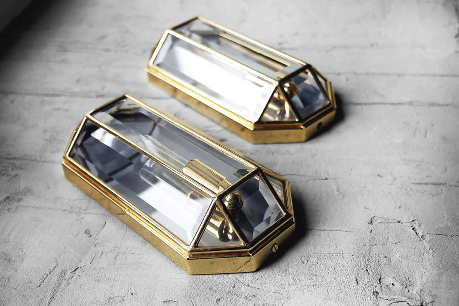 Metal Pair of Geometric Mid-Century Modern Sconces in Brass, 1970s For Sale