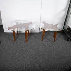Pair of geometric motif wood side tables