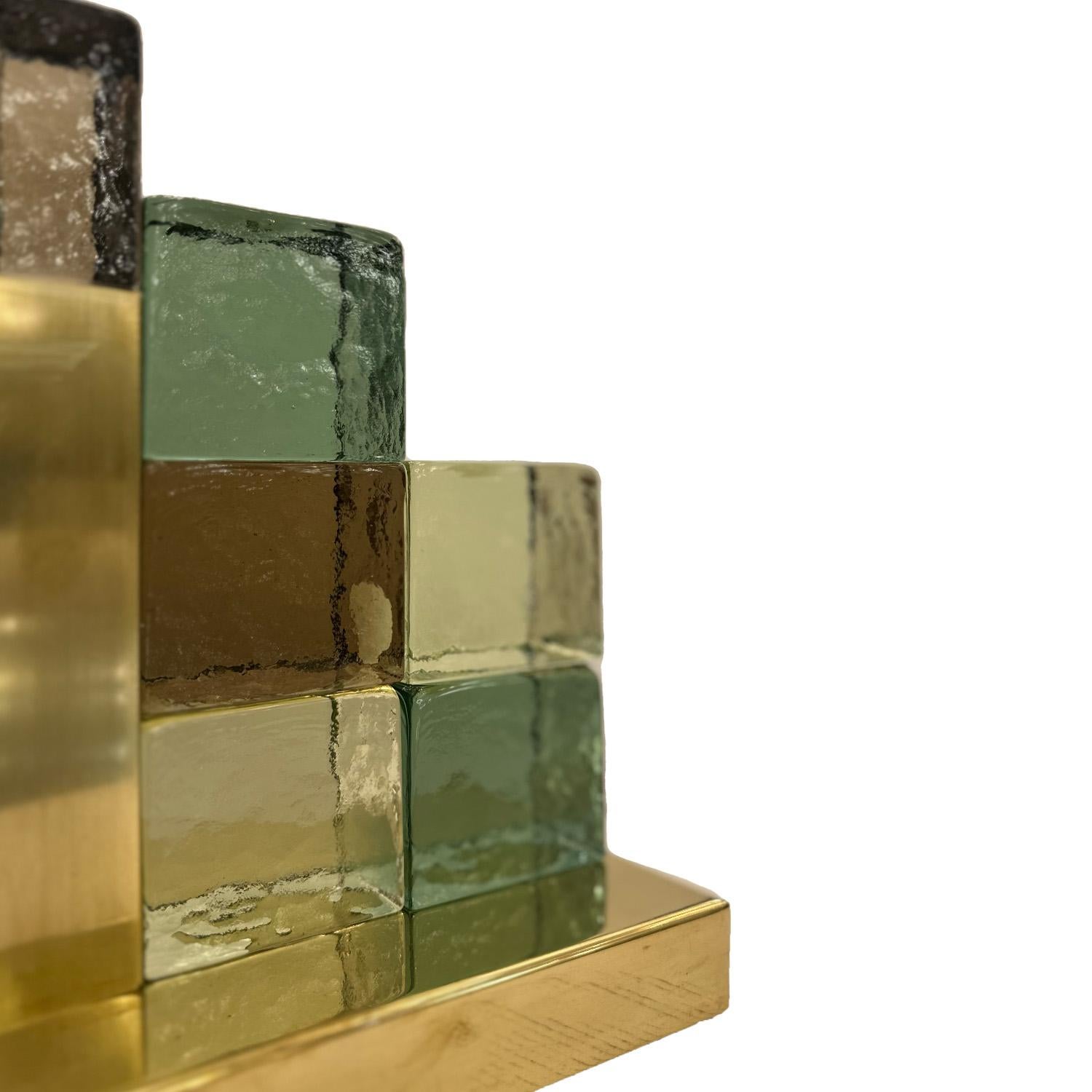Pair of Geometric Murano Glass Interlocking Block and Brass Table Lamps In New Condition For Sale In New York, NY