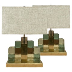 Pair of Geometric Murano Glass Interlocking Block and Brass Table Lamps