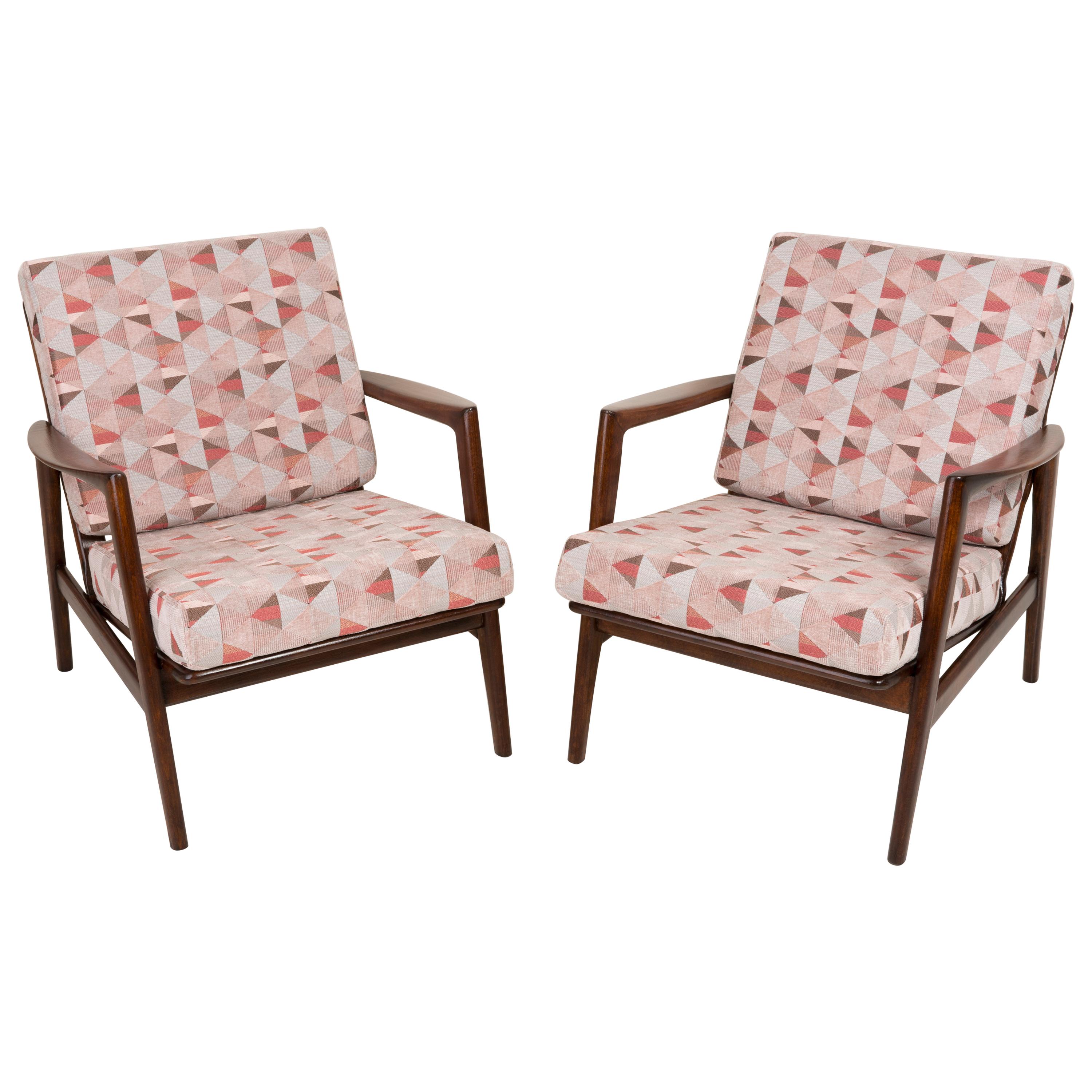 Pair of Geometric Pink Print Velvet Armchairs, 1960s, Poland For Sale