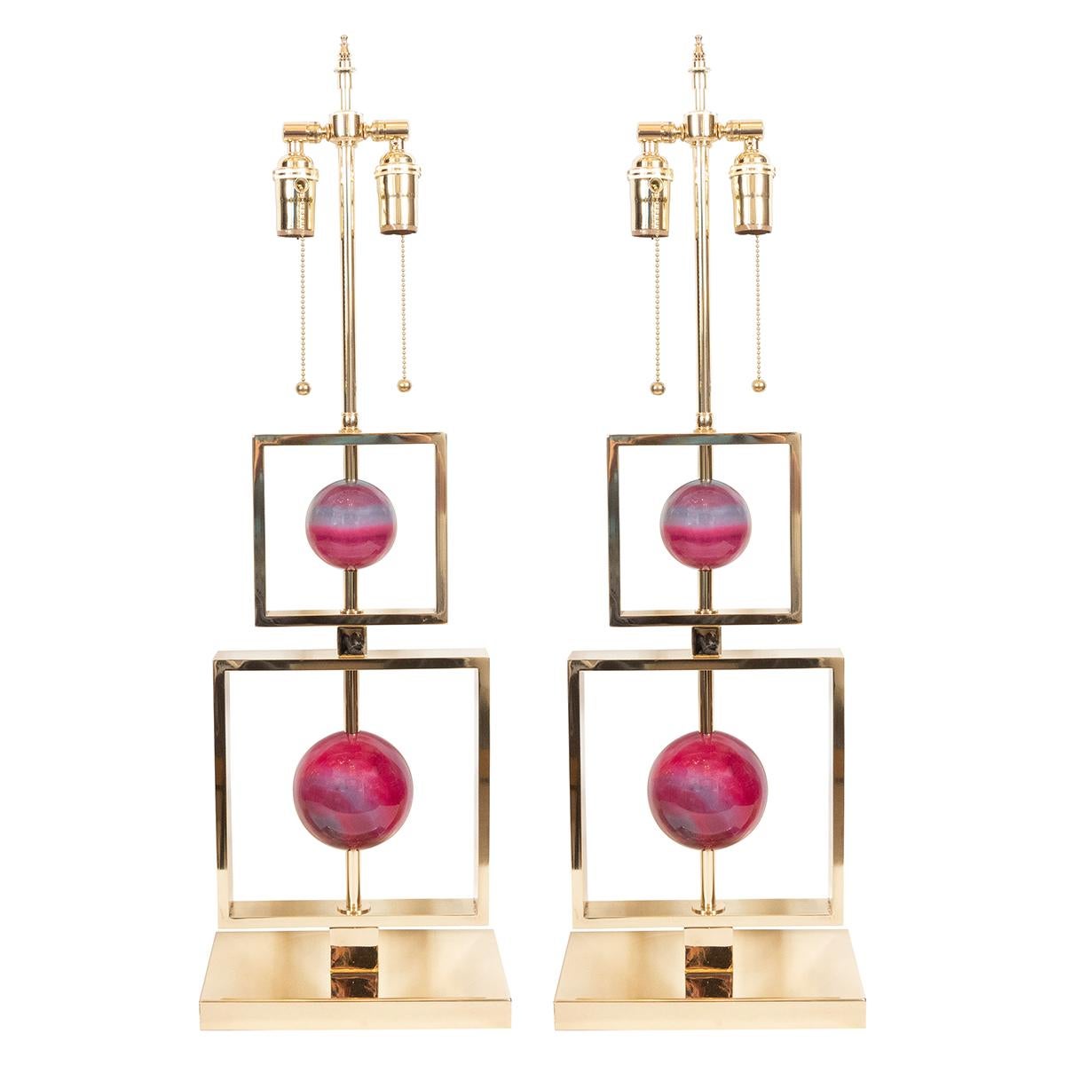 Pair of Geometric Polished Brass and Agate Lamps