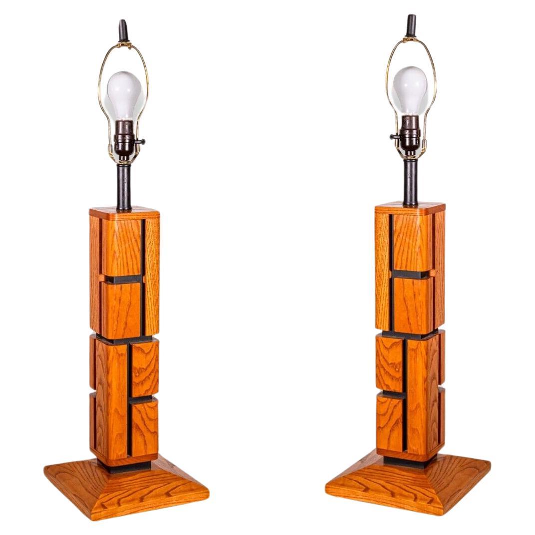 Pair of Geometric Post Modern Wood Puzzle Table Lamps 1970s For Sale