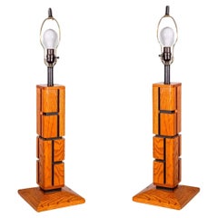 Vintage Pair of Geometric Post Modern Wood Puzzle Table Lamps 1970s