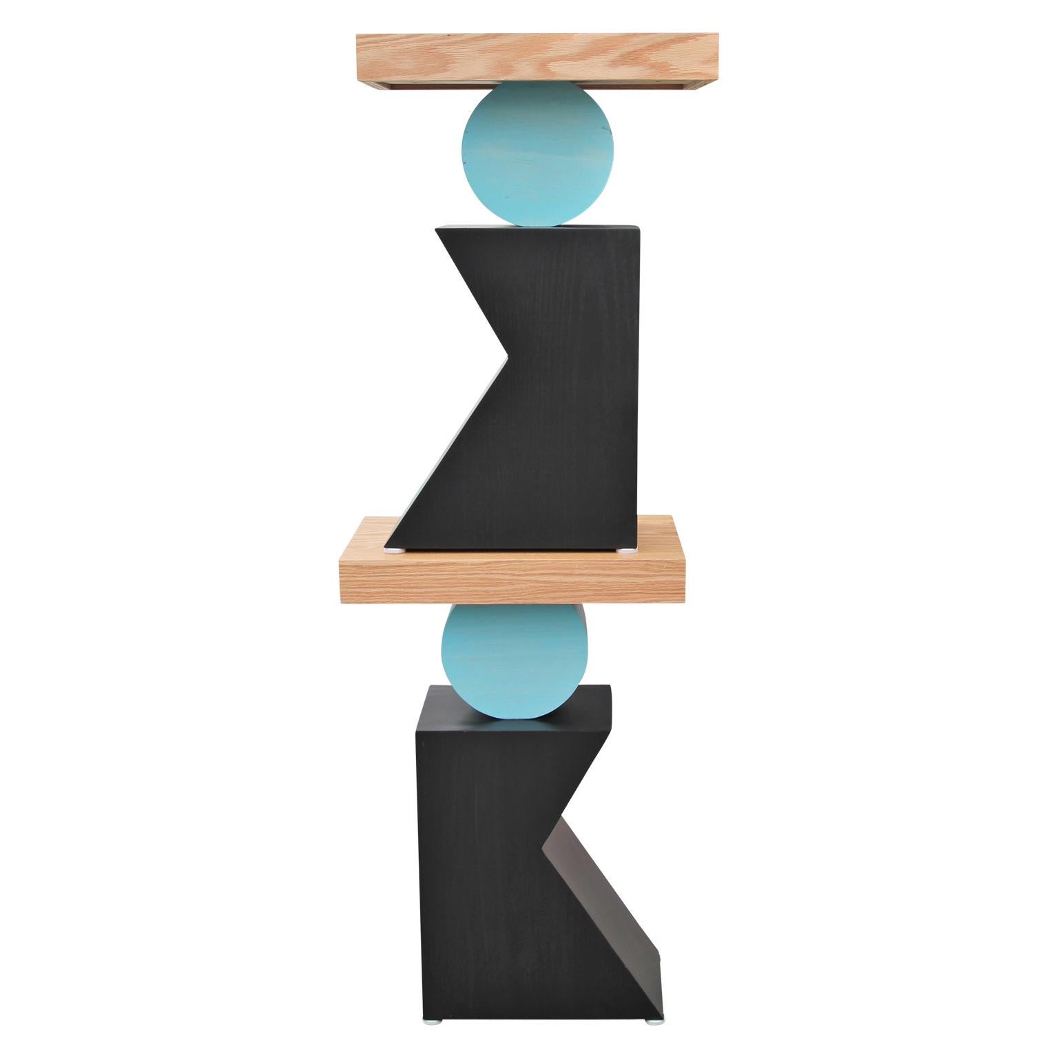 Pair of custom post-modern geometric side tables in blue, black, and natural. The two pictured are available for immediate sale, but custom made to order options are available.