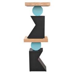 Pair of Geometric Postmodern Handmade Walnut Blue and Black Side or End Tables