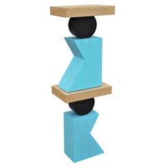 Pair of Geometric Postmodern Handmade Walnut Blue and Black Side or End Tables