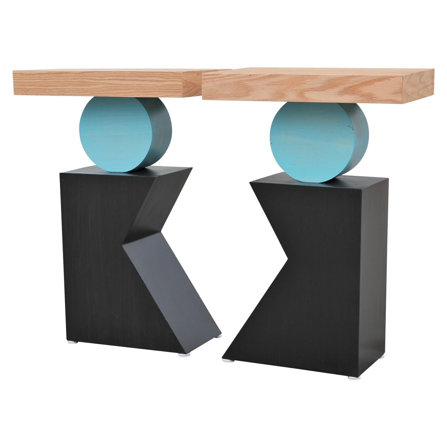 Post-Modern Pair of Geometric Postmodern Handmade Walnut Blue and Black Side or End Tables