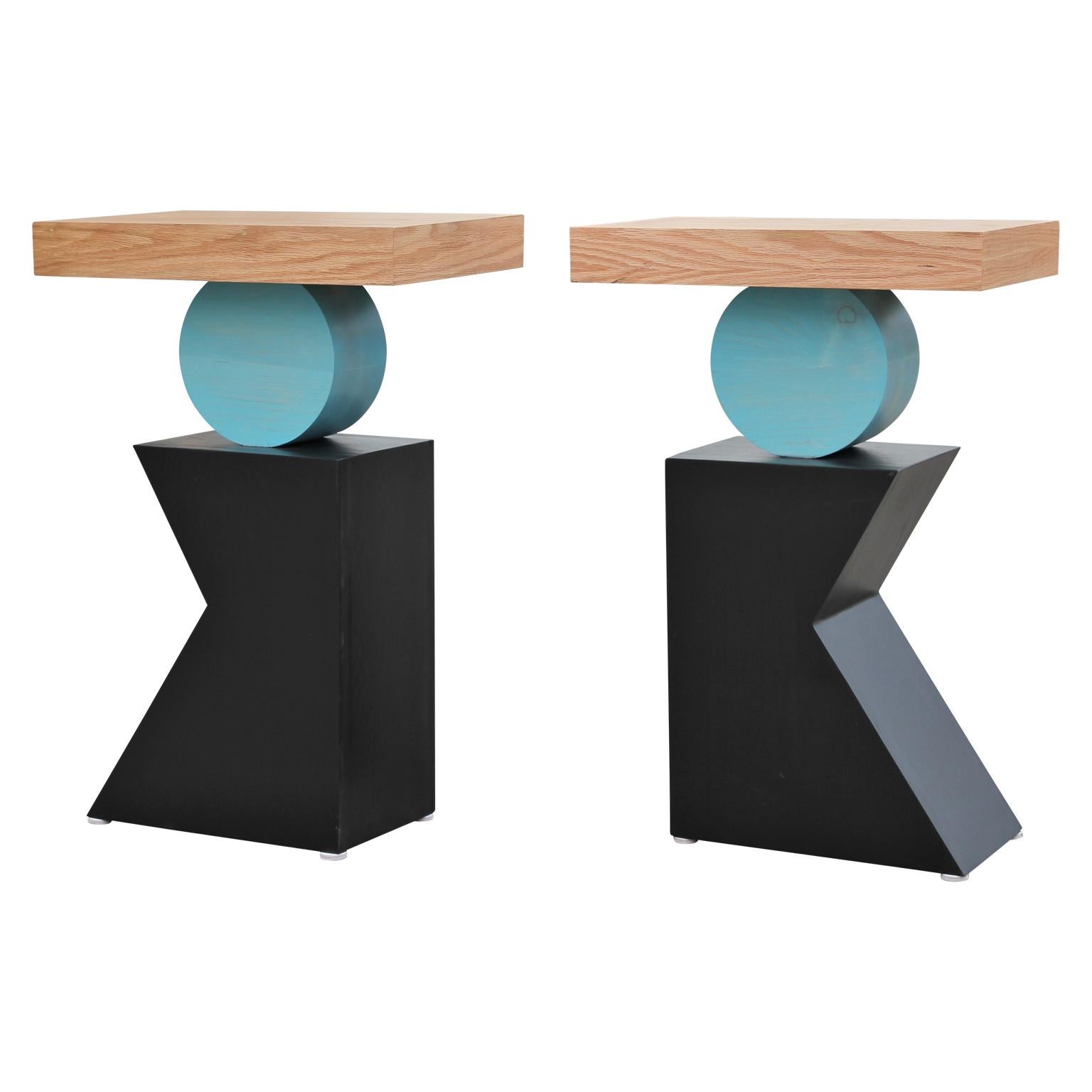 North American Pair of Geometric Postmodern Handmade Walnut Blue and Black Side or End Tables
