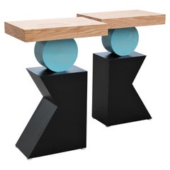 Pair of Geometric Postmodern Handmade Walnut Blue and Black Side or End Tables