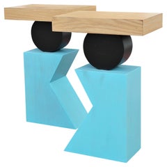 Pair of Geometric Postmodern Handmade Walnut Blue and Black Side or End Tables